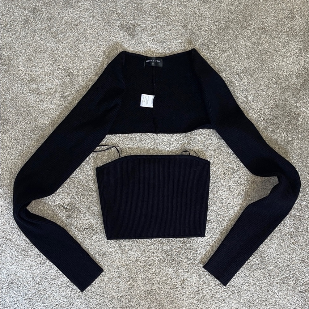 Black Long Sleeve Crop Top with off the Shoulder Tube Top